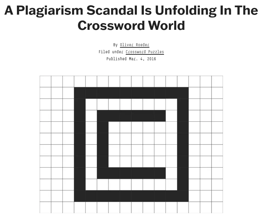 In 2016 I designed a plain-text file format for crossword puzzle data, and then spent a couple of months building a micro-data-pipeline, scraping tens of thousands of crosswords from various sources. Then, having all those crosswords in a simple format, I wanted to see if there were any common grid patterns–and discovered egregious plagiarism by a major crossword editor that had gone on for years. This is the article that triggered a crossword scandal.